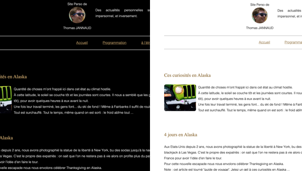 le site en mode clair et en mode sombre, côte à côte.